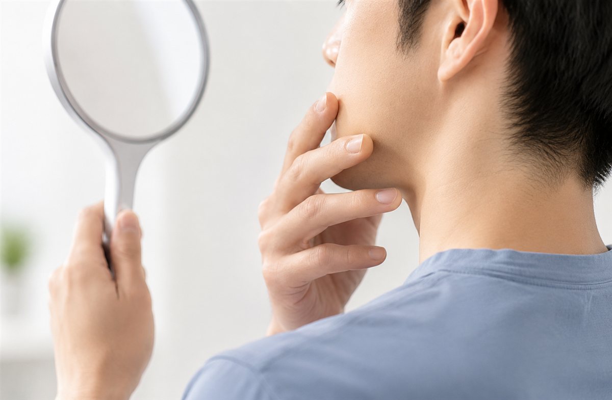 鏡で顔の髭を確認する男性のイメージ